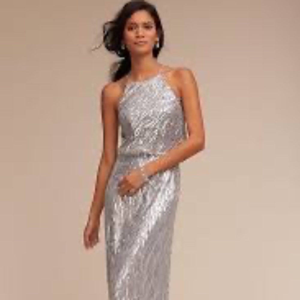 Anthropologie BHLDN Alana Dress Size 8 Donna Morgan Wedding Platinum Sequin